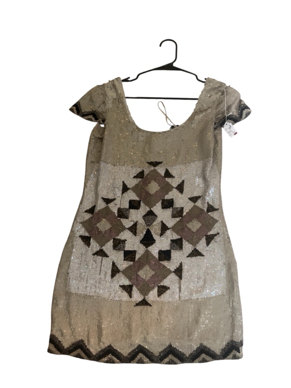 Sportsgirl Taupe and Black Sequin Geometric Mini Dress